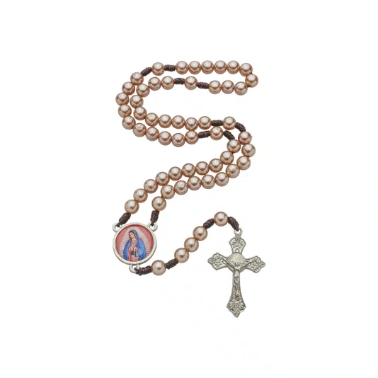 Terço com Folheto de Nossa Senhora de Guadalupe - Pérola Rosegold Abs 8mm