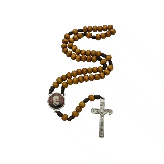 Terço com Folheto de Padre Pio - Madeira Marrom Claro 8mm