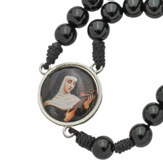 Terço com Folheto de Santa Rita - Pérola Preto 8mm