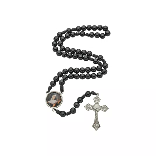 Terço com Folheto de Santa Rita - Pérola Preto 8mm