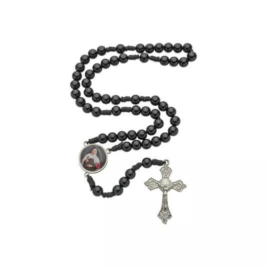 Terço com Folheto de Santa Teresinha - Pérola Preto 8mm
