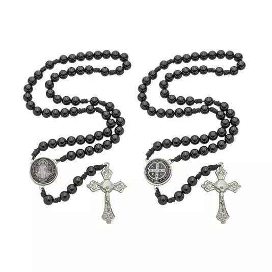 Terço com Folheto de São Bento - Pérola Preto 8mm