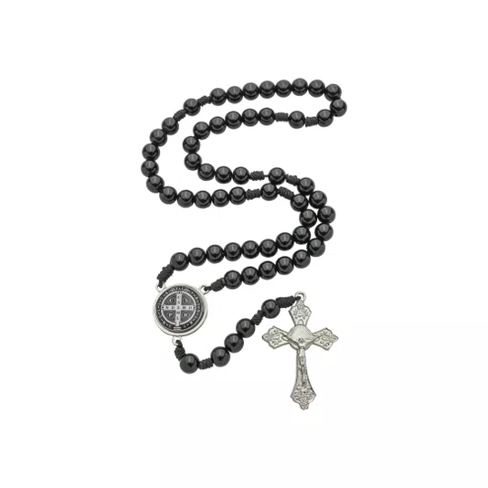 Terço com Folheto de São Bento - Pérola Preto 8mm