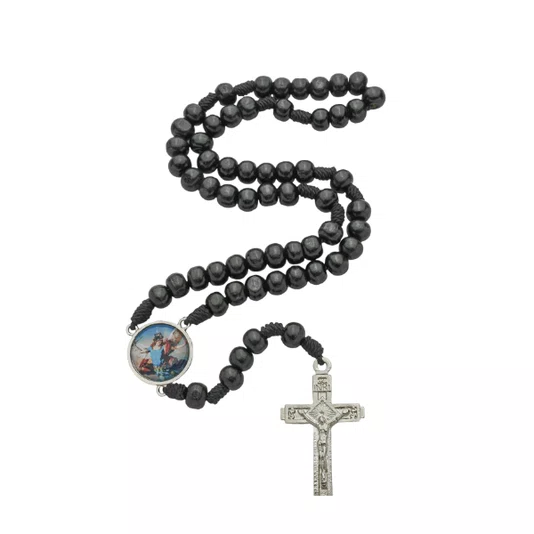 Terço com Folheto de São Miguel - Madeira Preto 8mm
