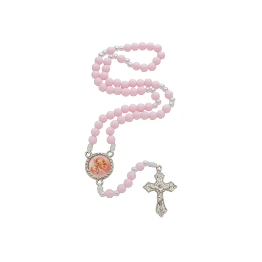 Terço com Folheto do Anjo da Guarda - Pérola Rosa