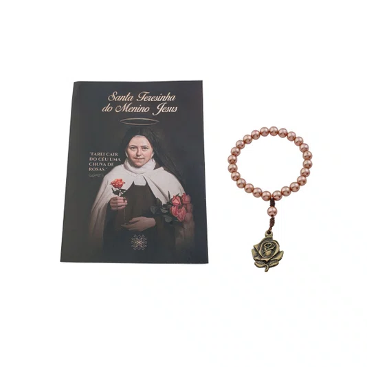 Coroa com Folheto Novena das Rosas de Santa Teresinha Pérola ABS Rosegold 8mm