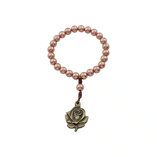 Coroa com Folheto Novena das Rosas de Santa Teresinha Pérola ABS Rosegold 8mm