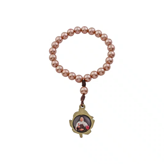 Coroa com Folheto Novena das Rosas de Santa Teresinha Pérola ABS Rosegold 8mm