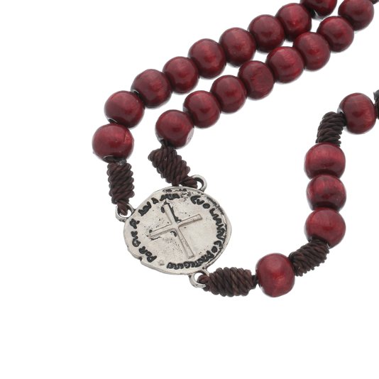 Terço com Medalha Das Duas Cruzes - Madeira - Vermelho