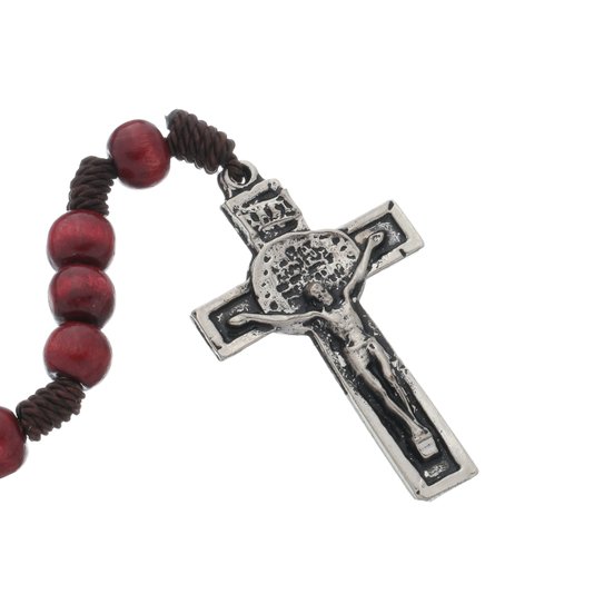 Terço com Medalha Das Duas Cruzes - Madeira - Vermelho