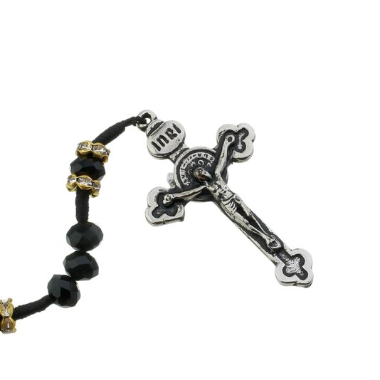 Kit Terço da Medalha de São Bento com Detalhes em Strass Cristal Preto - 2Un
