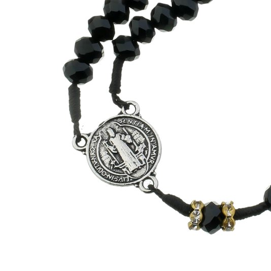 Kit Terço da Medalha de São Bento com Detalhes em Strass Cristal Preto - 2Un