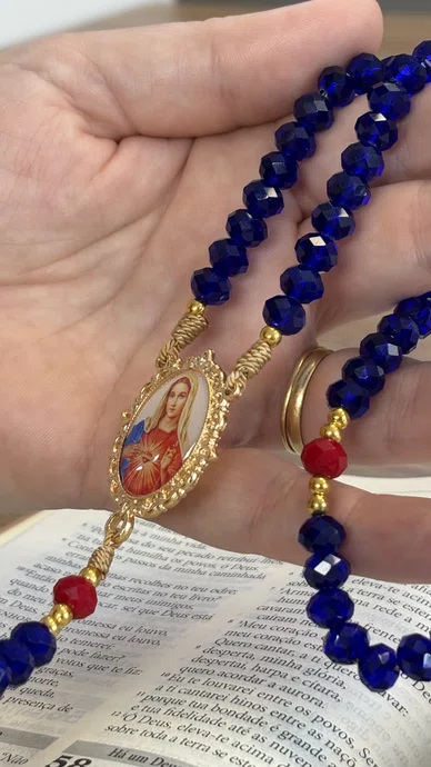 Terço Cristal Luxo Imaculado Coração de Maria