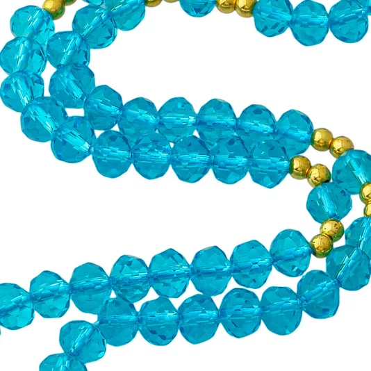 Terço de Cristal Azul Entremeio Dourado Nossa Senhora Das Graças