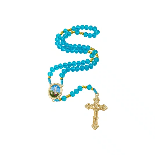 Terço Nossa Senhora de Fátima de Cristal Azul Entremeio Resinado Dourado - 8mm
