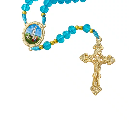 Terço Nossa Senhora de Fátima de Cristal Azul Entremeio Resinado Dourado - 8mm
