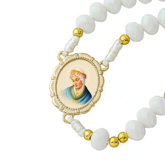 Terço de Cristal Branco Entremeio Dourado Imaculado Coração de Maria