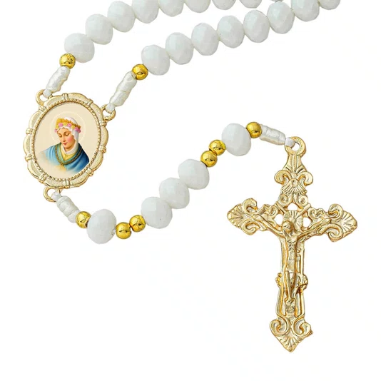Terço de Cristal Branco Entremeio Dourado Imaculado Coração de Maria