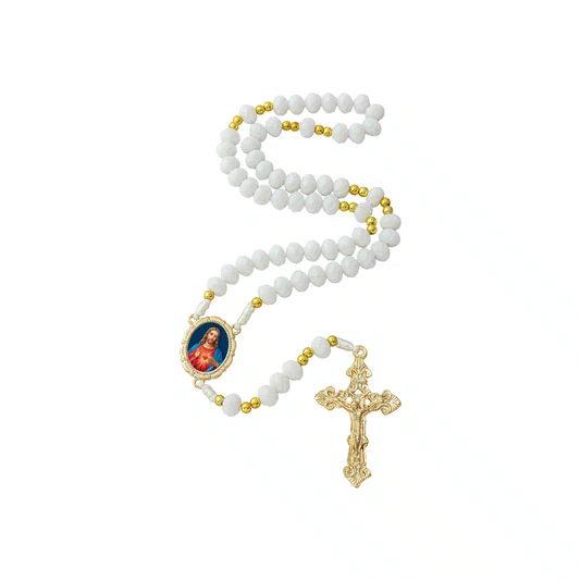 Terço de Cristal Branco Entremeio Dourado Sagrado Coração de Jesus