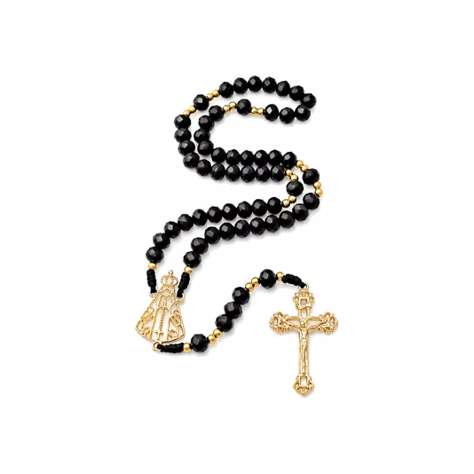 Terço de Cristal Nossa Senhora Aparecida Dourado Vazado Preto