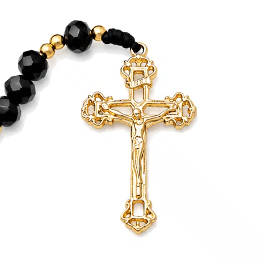 Terço de Cristal Nossa Senhora Aparecida Dourado Vazado Preto