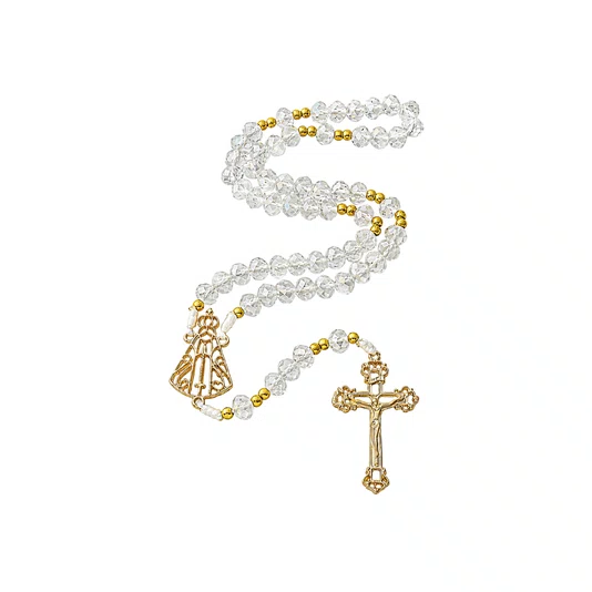 Terço de Cristal Nossa Senhora Aparecida Dourado Vazado Transparente
