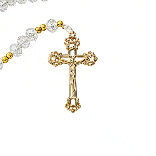 Terço de Cristal Nossa Senhora Aparecida Dourado Vazado Transparente