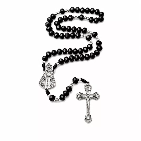 Terço de Cristal Nossa Senhora Aparecida Niquel Vazado Preto