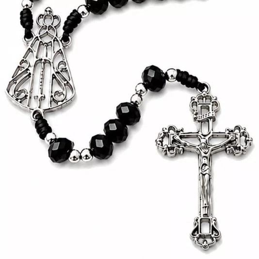 Terço de Cristal Nossa Senhora Aparecida Niquel Vazado Preto