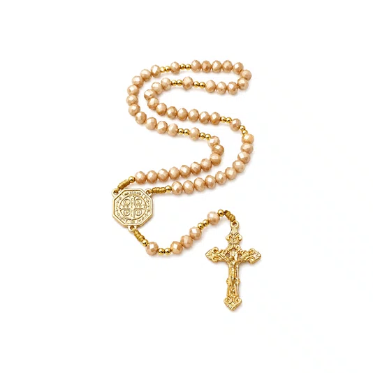 Terço de Cristal São Bento Dourado Doce de Leite