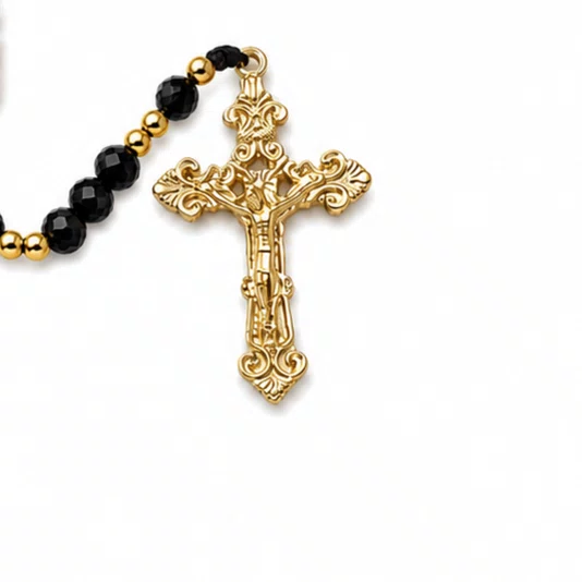 Terço de Cristal São Bento Dourado Preto