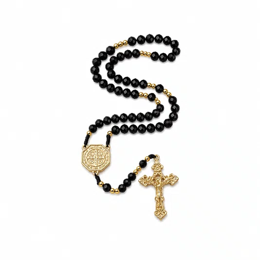 Terço de Cristal São Bento Dourado Preto