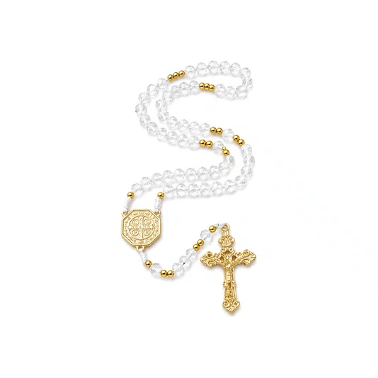 Terço de Cristal São Bento Dourado Transparente