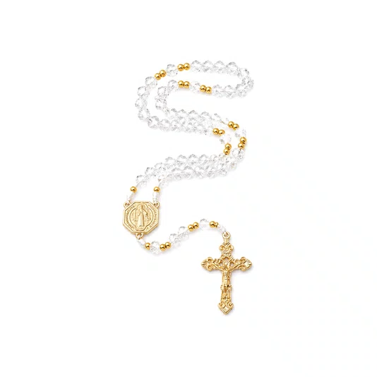 Terço de Cristal São Bento Dourado Transparente