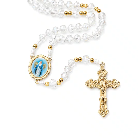 Terço Nossa Senhora Das Graças de Cristal Transparente Entremeio Dourado - 8mm