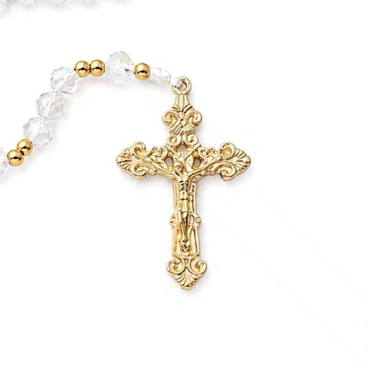 Terço Nossa Senhora Das Graças de Cristal Transparente Entremeio Dourado - 8mm