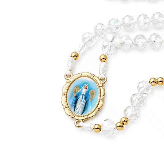 Terço Nossa Senhora Das Graças de Cristal Transparente Entremeio Dourado - 8mm