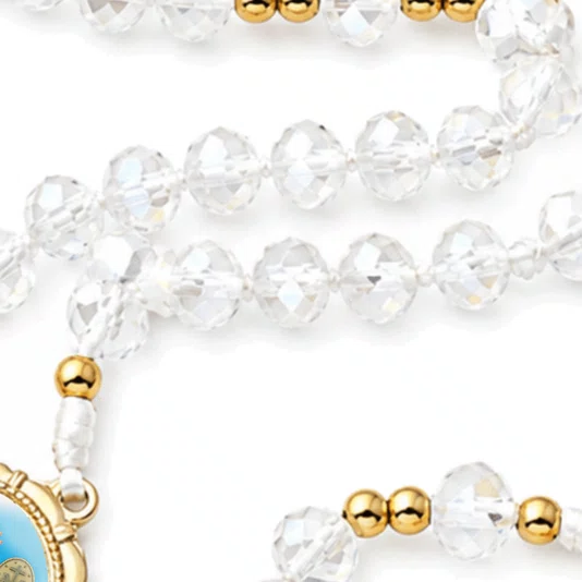 Terço Nossa Senhora Das Graças de Cristal Transparente Entremeio Dourado - 8mm