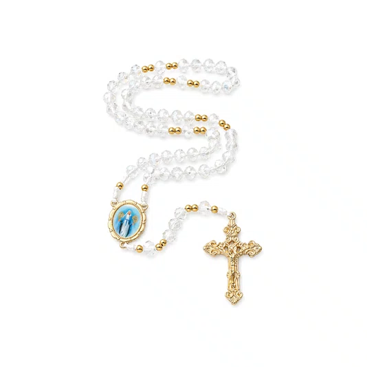 Terço Nossa Senhora Das Graças de Cristal Transparente Entremeio Dourado - 8mm