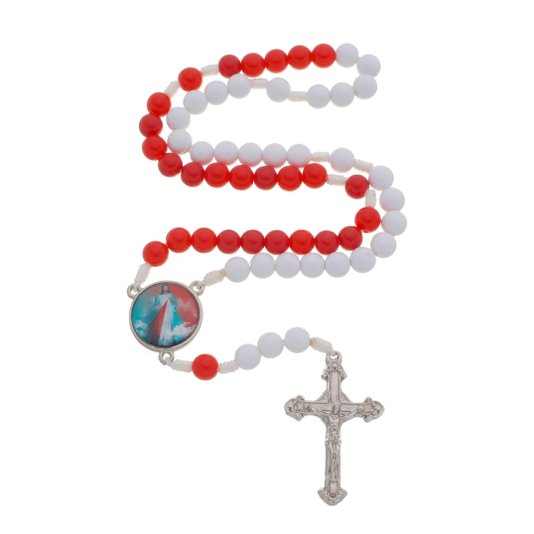 Terço de Jesus Misericordioso com Porta-Terços em MDF - Branco e Vermelho