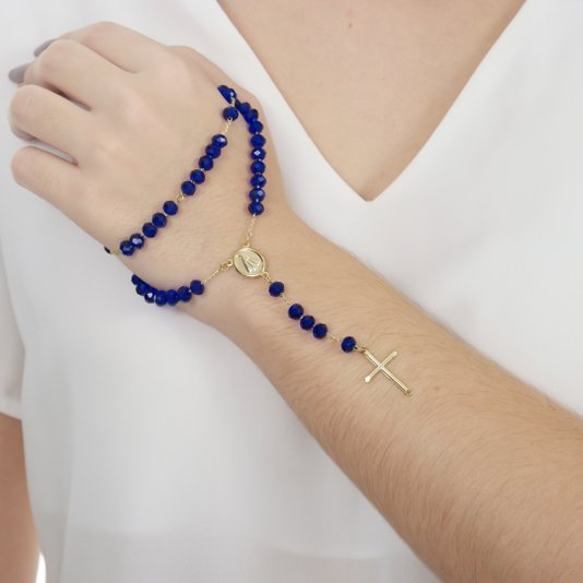 Terço de Nossa Senhora Aparecida com Contas Cristal Azul Marinho - Folheado