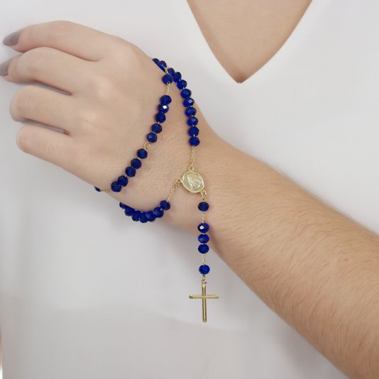 Terço de Nossa Senhora Aparecida com Contas Cristal Azul Marinho - Folheado
