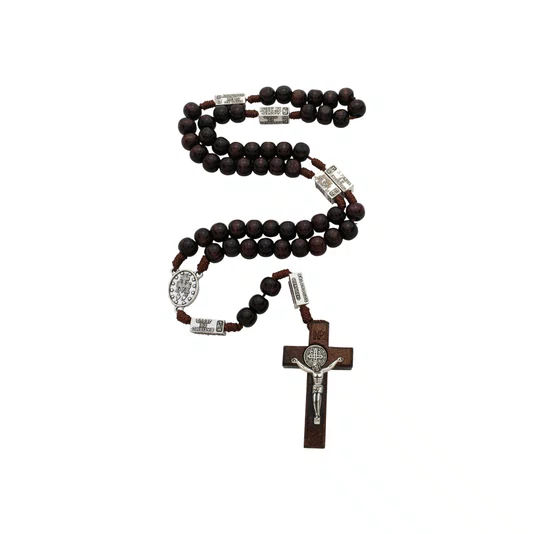 Terço de Nossa Senhora Das Graças da Contemplação Dos Mistérios Entremeio Metal e Contas Madeira Marrom Escuro 10mm