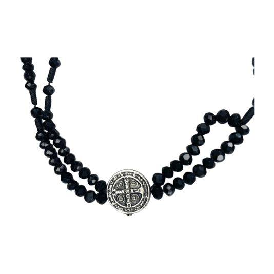 Kit Terço de Pulso com Medalha de São Bento e Contas Cristal Preto - 2Un