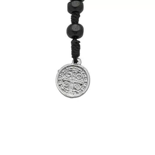 Terço de Pulso Masculino com Medalha de São Bento Na Ponta em Madeira Preto 6mm