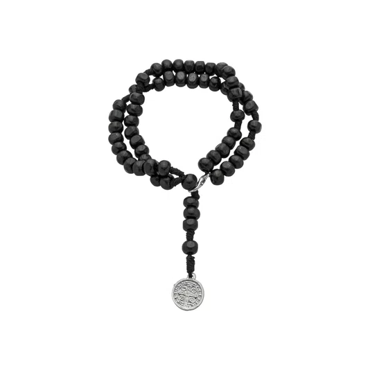 Terço de Pulso Masculino com Medalha de São Bento Na Ponta em Madeira Preto 6mm
