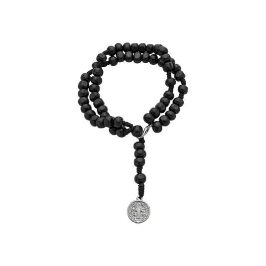 Terço de Pulso Masculino com Medalha de São Bento Na Ponta em Madeira Preto 6mm