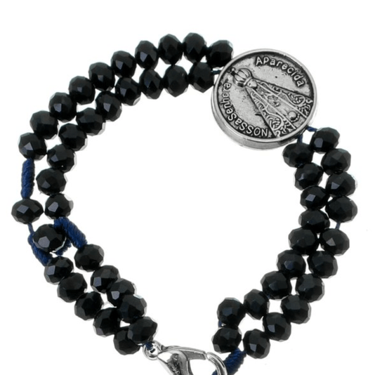 Kit Terço de Pulso de Nossa Senhora Aparecida com Contas Cristal Preto - 2Un