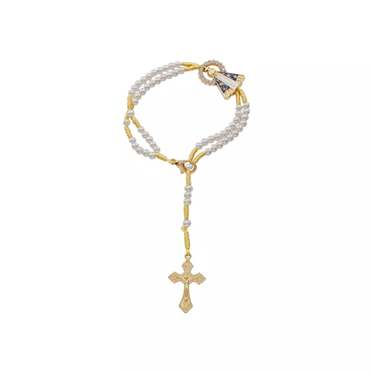 Terço de Pulso de Nossa Senhora Aparecida Dourada e Cruz Metal - Pérola Branca 4mm
