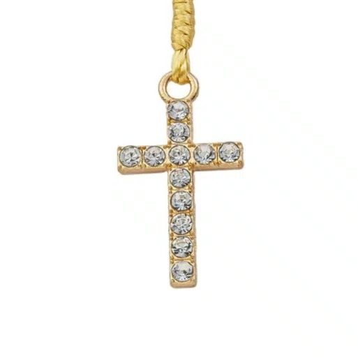 Terço de Pulso de Nossa Senhora Aparecida Dourada e Cruz Strass - Pérola Branca 4mm
